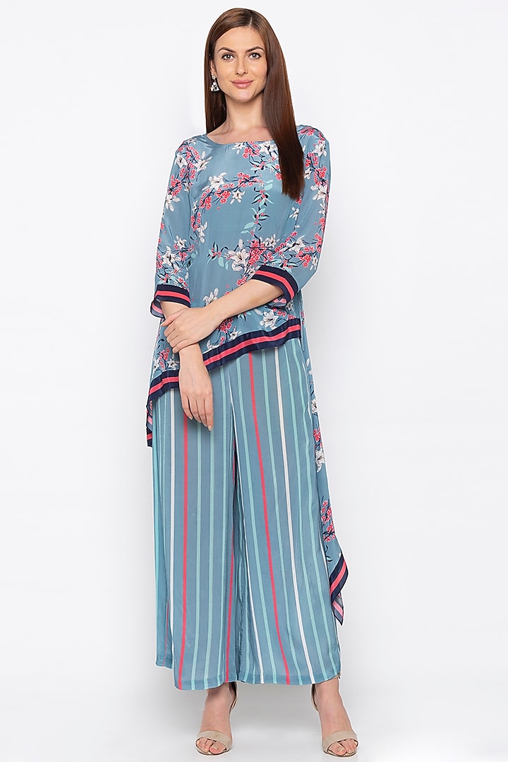 Pink Printed & Embroidered Kurta With Striped Palazzo Pants by Soup by Sougat Paul