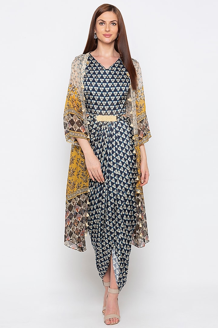 Beige Printed & Embroidered Jacket With Blue Dress by Soup by Sougat Paul