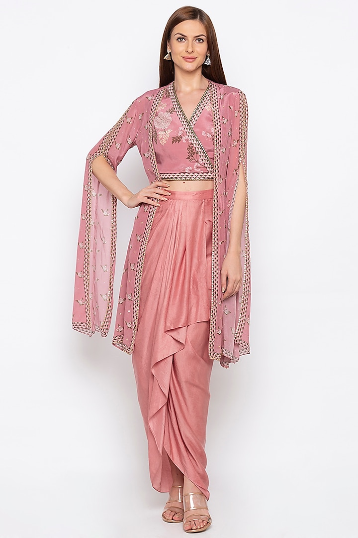 Pink Embroidered Crop Top With Jacket & Skirt by Soup by Sougat Paul