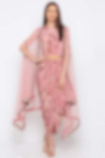 Pink Printed & Embroidered Draped Dress With Cape by Soup by Sougat Paul