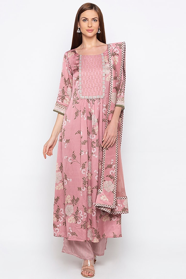 Pink Printed & Embroidered Kurta Set by Soup by Sougat Paul