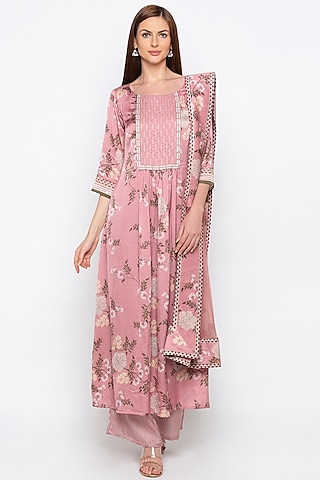 Pink Printed & Embroidered Kurta Set by soup by sougat paul
