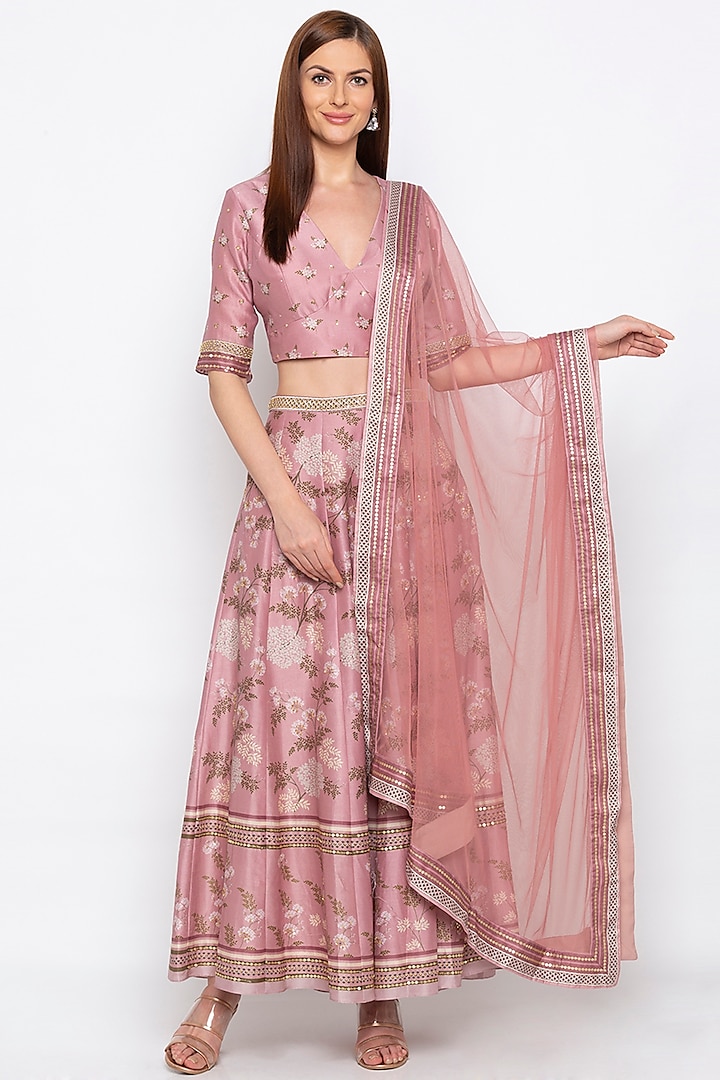 Pink Printed & Embroidered Lehenga Set by Soup by Sougat Paul