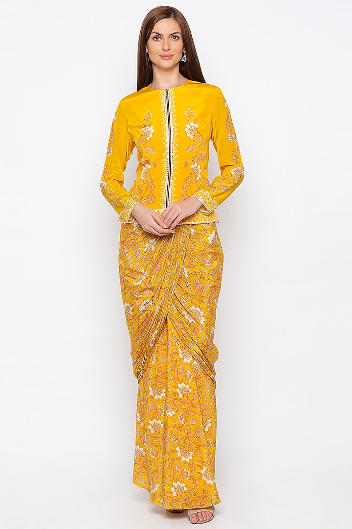 Yellow Embroidered Jacket With Draped Skirt by Soup by Sougat Paul