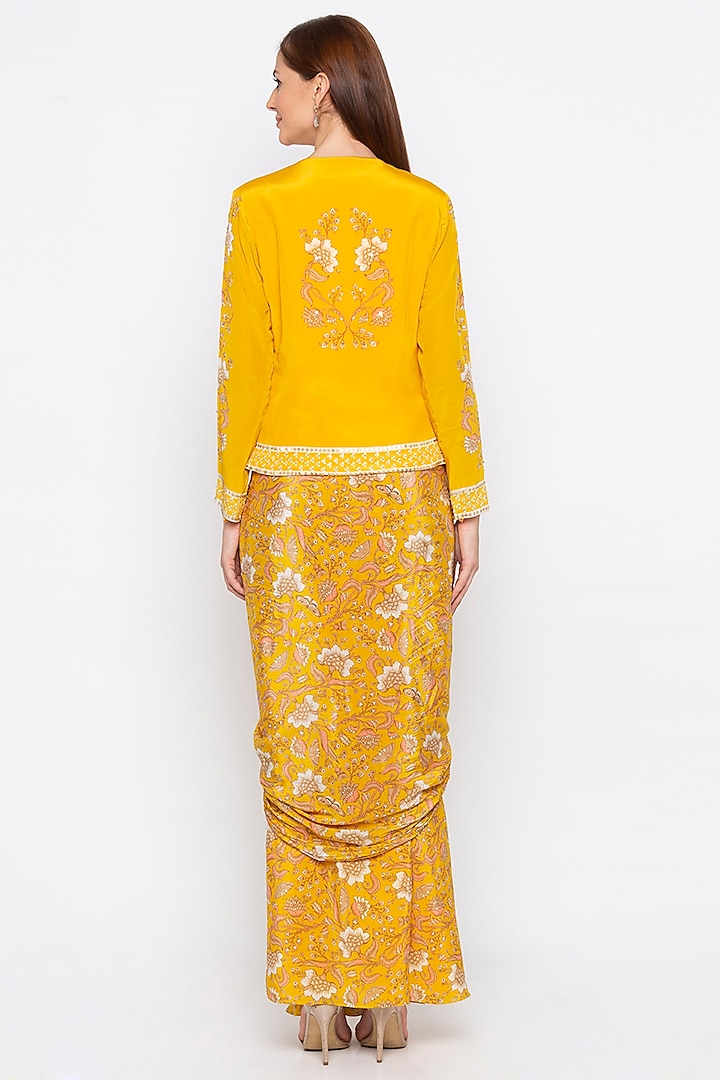 Yellow Embroidered Jacket With Draped Skirt by Soup by Sougat Paul at Pernia's Pop Up Shop