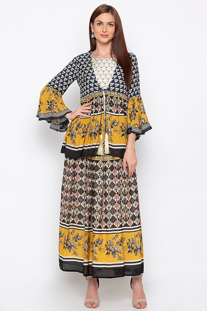 Multi Colored Printed Pleated Dress With Jacket by Soup by Sougat Paul