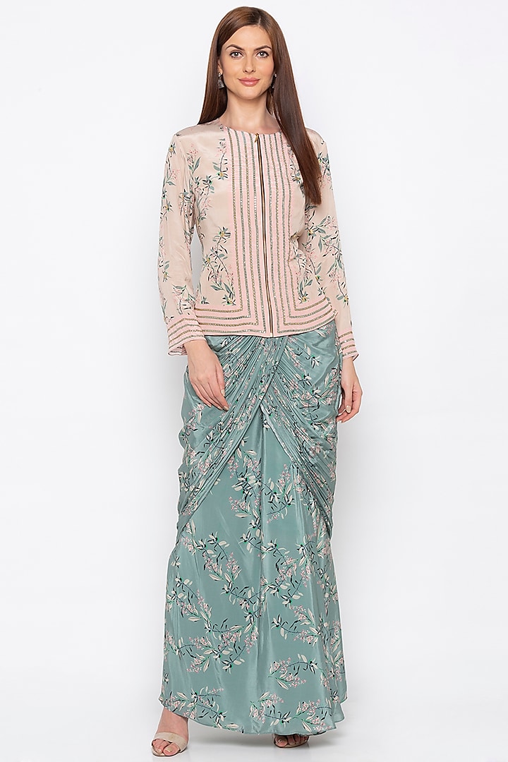 Beige Embroidered Jacket With Teal Green Draped Skirt by Soup by Sougat Paul