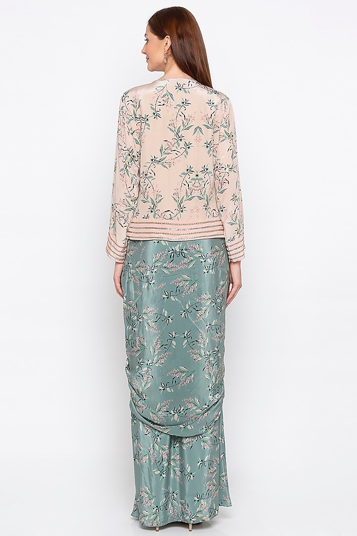 Beige Embroidered Jacket With Teal Green Draped Skirt by Soup by Sougat Paul at Pernia's Pop Up Shop