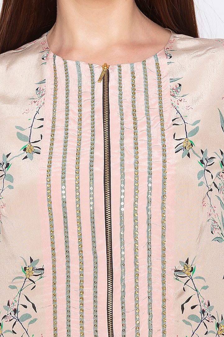 Beige Embroidered Jacket With Teal Green Draped Skirt by Soup by Sougat Paul at Pernia's Pop Up Shop
