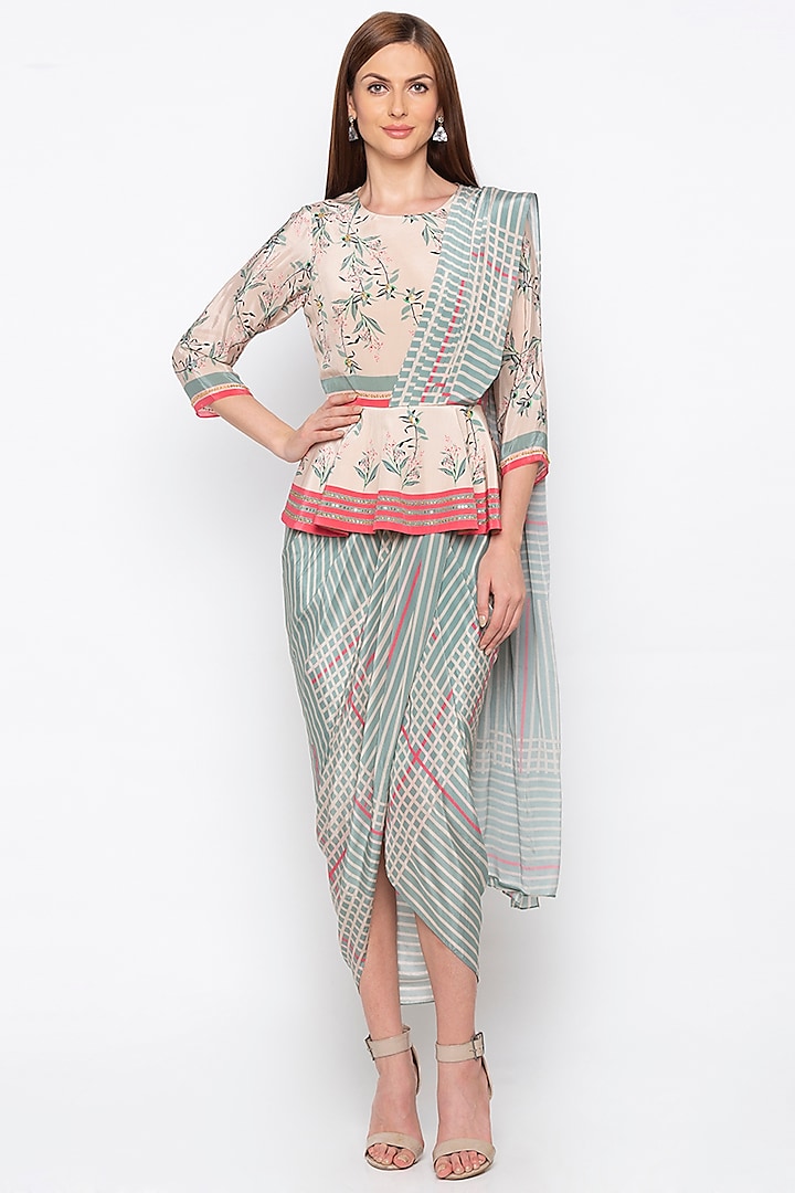 Multi-Colored Crepe Printed Pre-Stitched Saree Set by Soup by Sougat Paul
