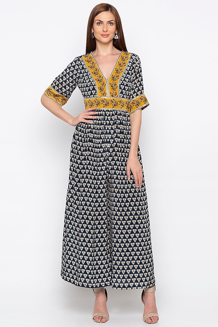 Navy Blue & Yellow Printed Embroidered Jumpsuit by Soup by Sougat Paul