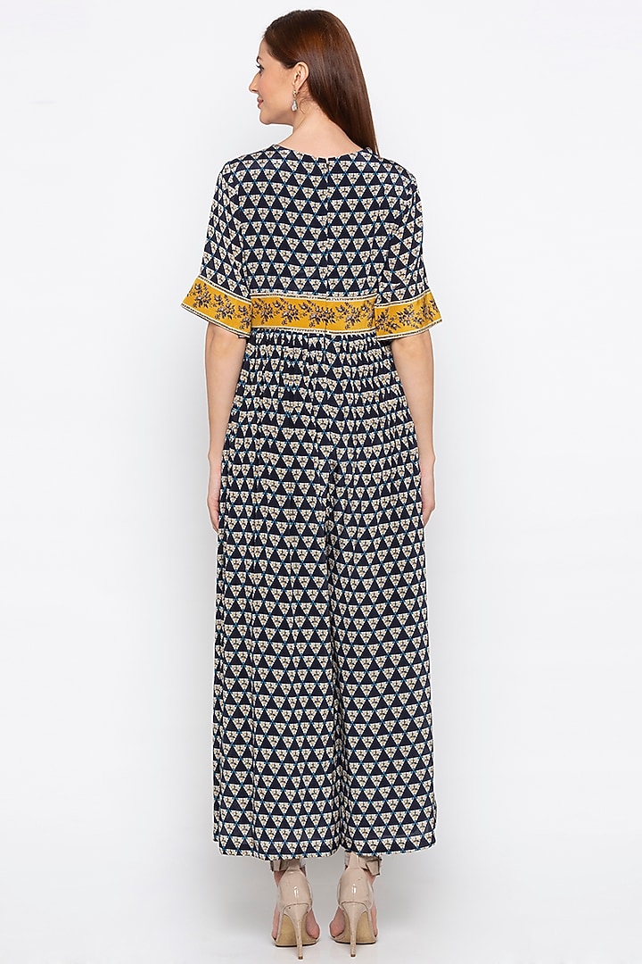 Navy Blue & Yellow Printed Embroidered Jumpsuit by Soup by Sougat Paul at Pernia's Pop Up Shop