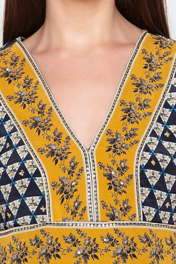 Navy Blue & Yellow Printed Embroidered Jumpsuit by Soup by Sougat Paul at Pernia's Pop Up Shop
