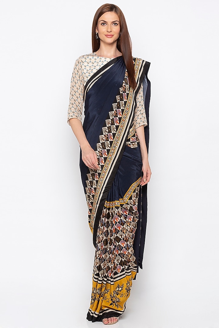 Navy Blue & Beige Printed Embroidered Pre-Stitched Saree Set by Soup by Sougat Paul