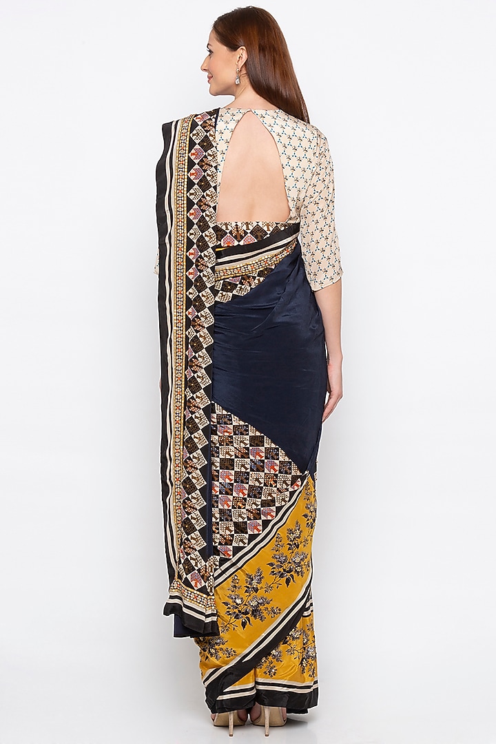 Navy Blue & Beige Printed Embroidered Pre-Stitched Party Wear Saree Set by Soup by Sougat Paul at Pernia's Pop Up Shop