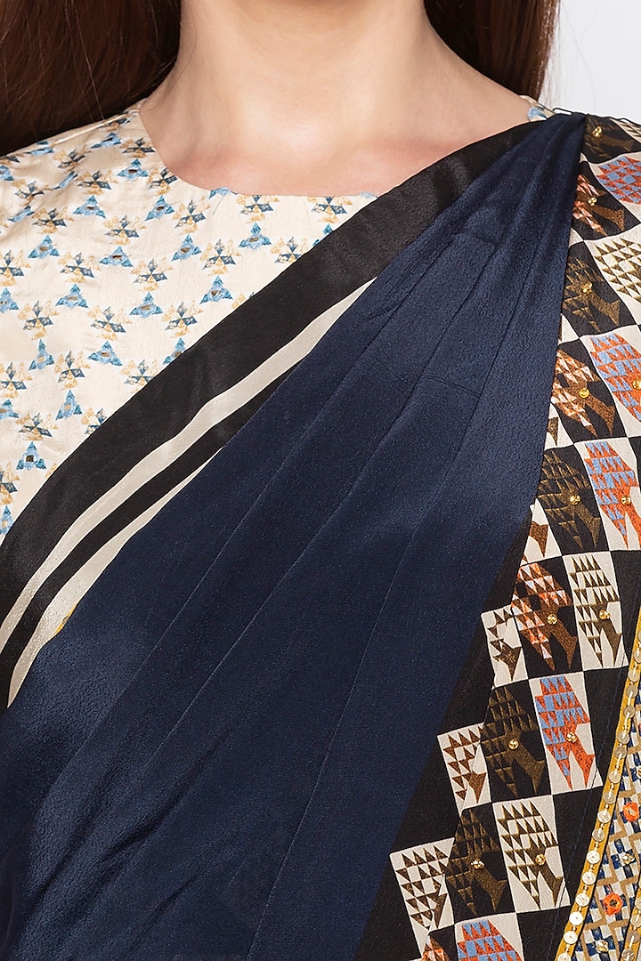Navy Blue & Beige Printed Embroidered Pre-Stitched Party Wear Saree Set by Soup by Sougat Paul at Pernia's Pop Up Shop