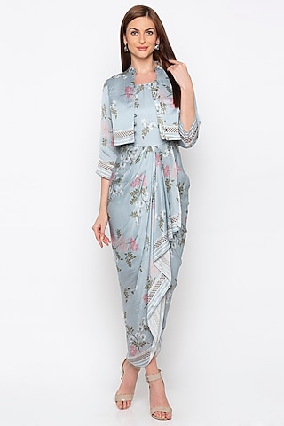 Blue Embroidered Printed Dress With Jacket by Soup by Sougat Paul