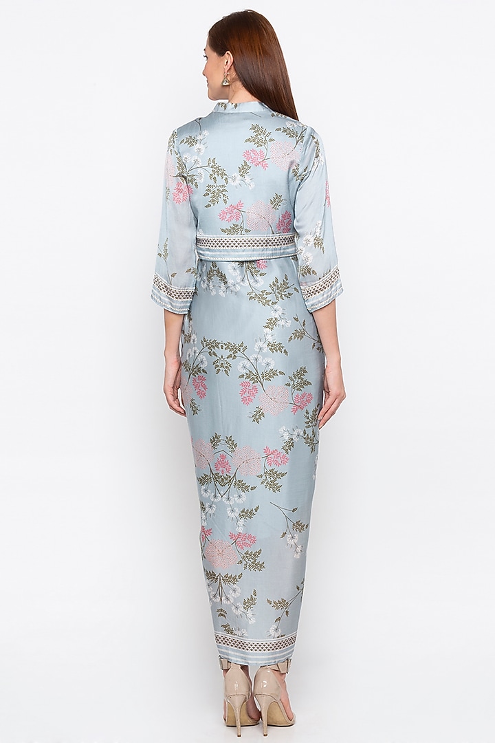 Blue Embroidered Printed Vacation Dress With Jacket by Soup by Sougat Paul at Pernia's Pop Up Shop