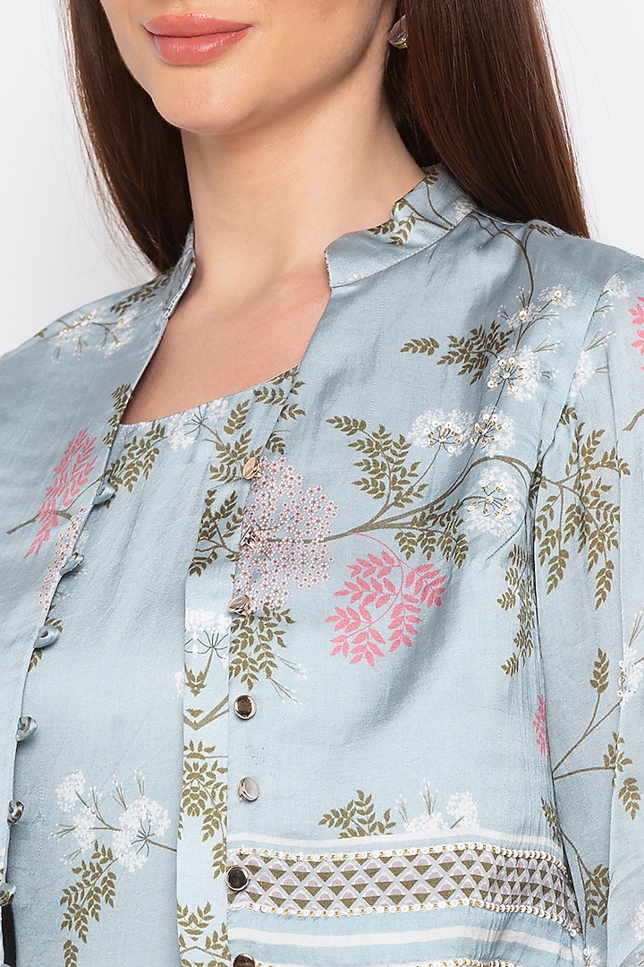 Blue Embroidered Printed Vacation Dress With Jacket by Soup by Sougat Paul at Pernia's Pop Up Shop
