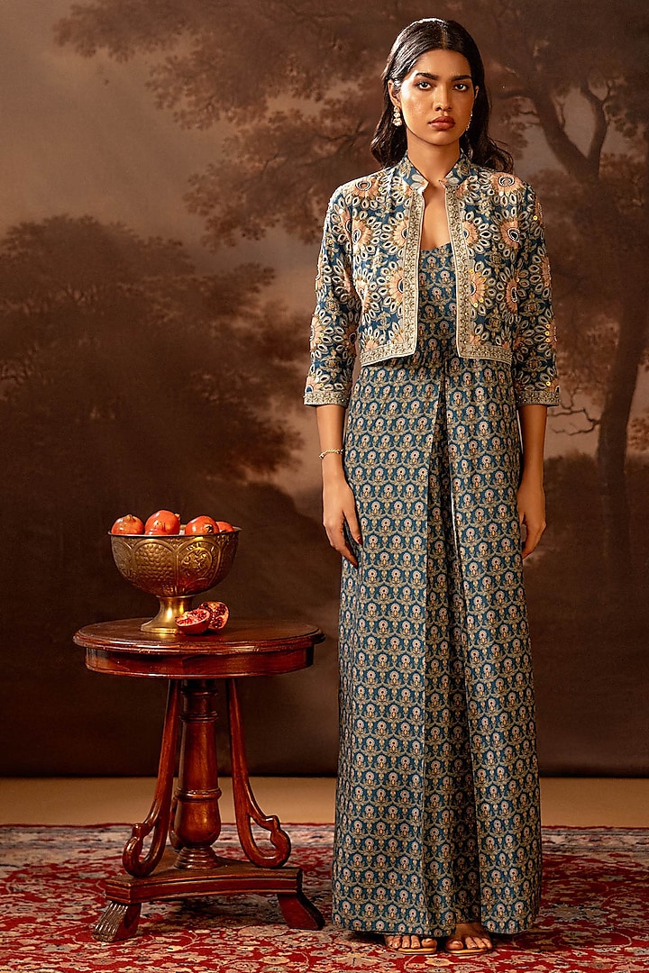 Green Muslin Slub Printed Jumpsuit With Jacket by Soup by Sougat Paul at Pernia's Pop Up Shop