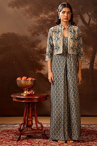 Blue Muslin Slub Printed Jumpsuit With Jacket by Soup by Sougat Paul