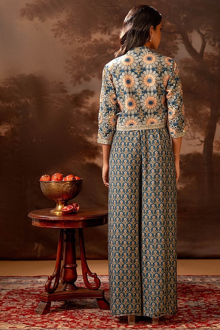 Blue Muslin Slub Printed Jumpsuit With Jacket by Soup by Sougat Paul at Pernia's Pop Up Shop