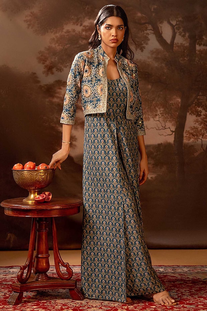 Blue Muslin Slub Printed Jumpsuit With Jacket by Soup by Sougat Paul at Pernia's Pop Up Shop