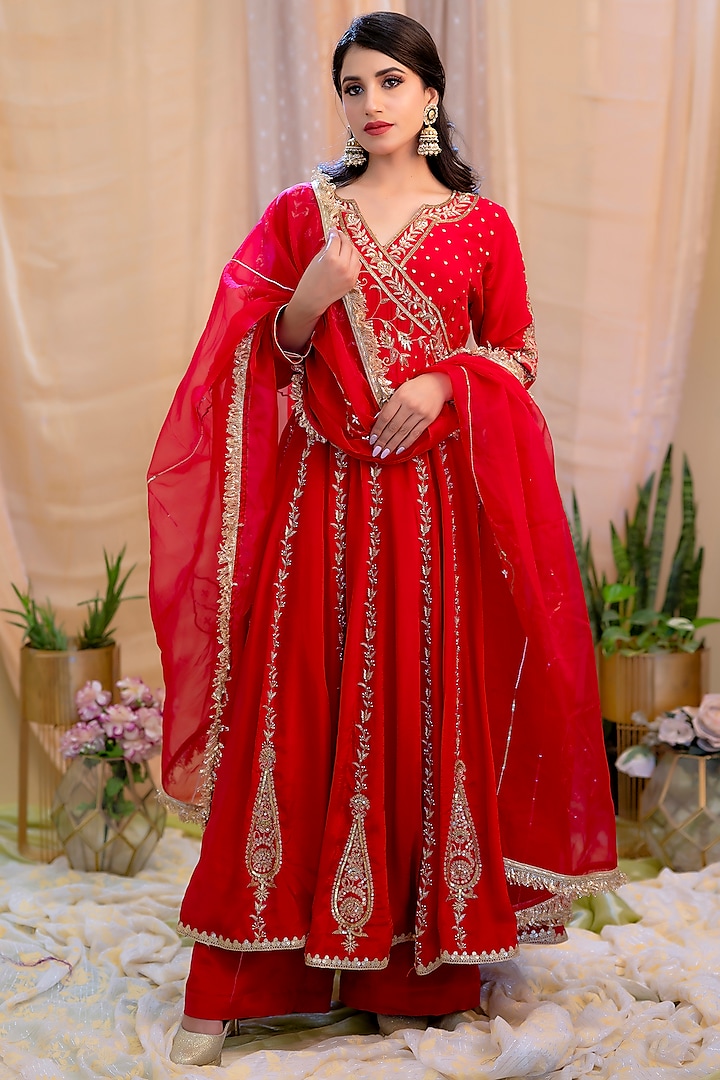 Red Crepe Embroidered Anarkali Set by Scarlet by shruti Jamaal