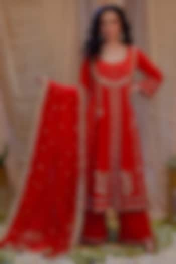 Red Crepe Embellished Anarkali Set by Scarlet by shruti Jamaal