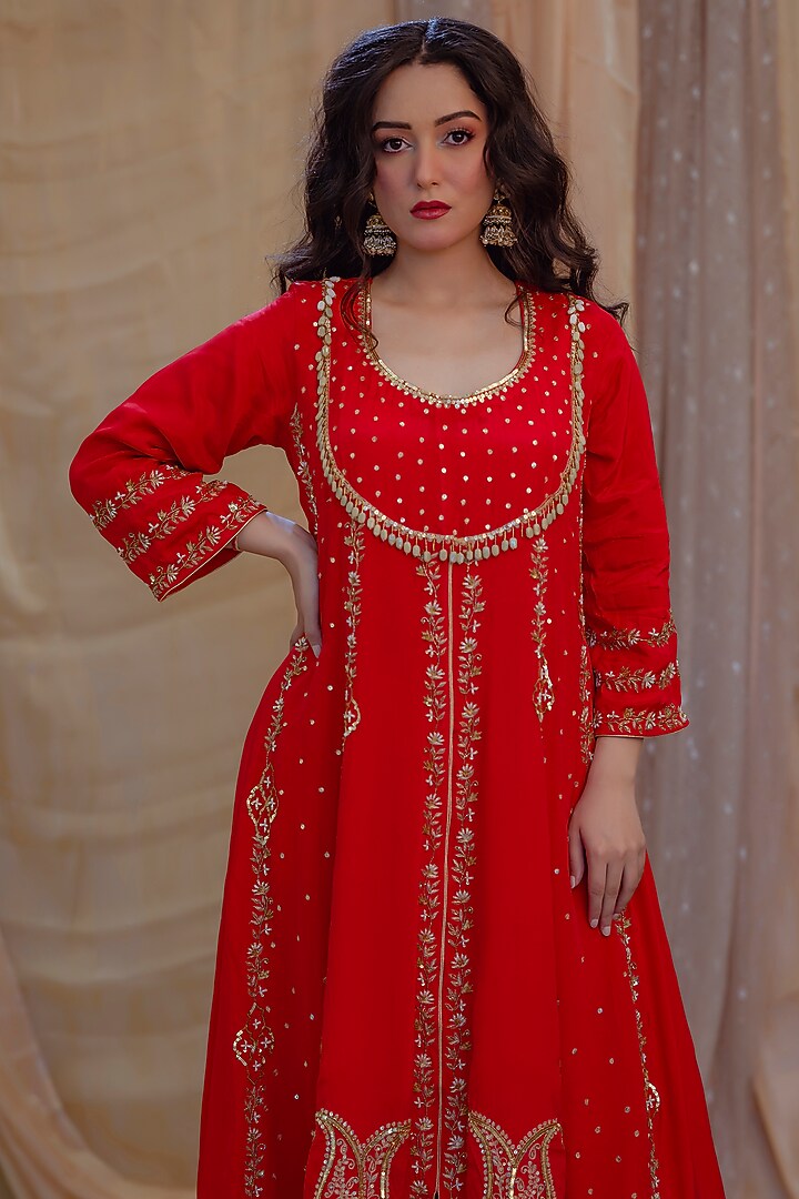 Red Crepe Embellished Party Wear Anarkali Set by Scarlet by shruti Jamaal at Pernia's Pop Up Shop