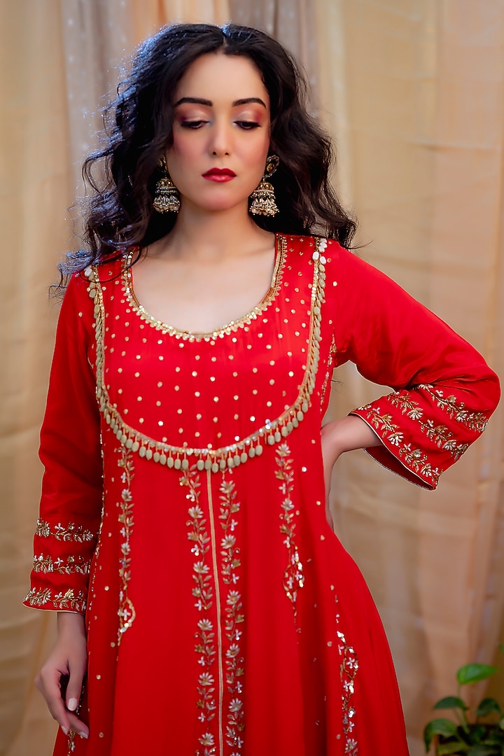 Red Crepe Embellished Party Wear Anarkali Set by Scarlet by shruti Jamaal at Pernia's Pop Up Shop
