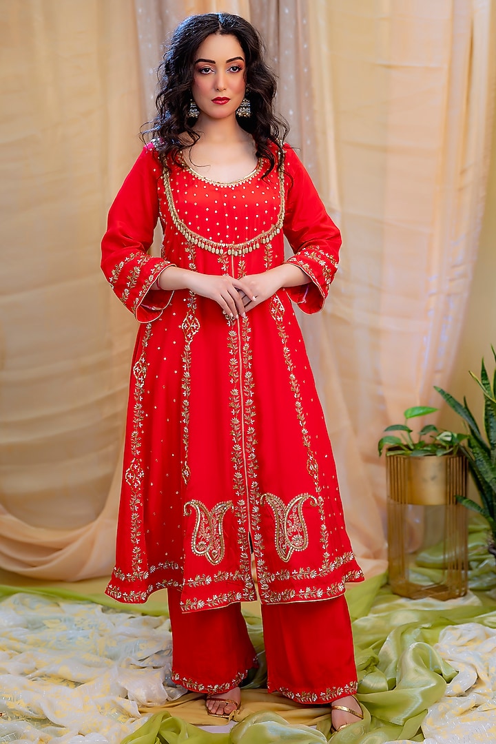Red Crepe Embellished Party Wear Anarkali Set by Scarlet by shruti Jamaal at Pernia's Pop Up Shop