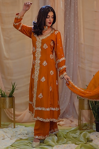Mustard Crepe Embroidered Anarkali Set by Scarlet by shruti Jamaal