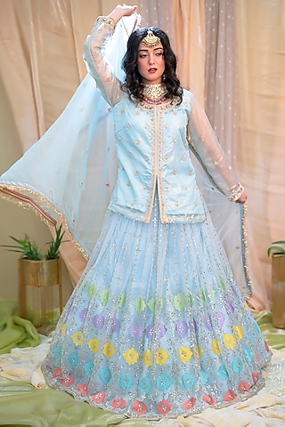 Sky Blue Shimmer Organza & Crepe Lehenga Set by Scarlet by shruti Jamaal