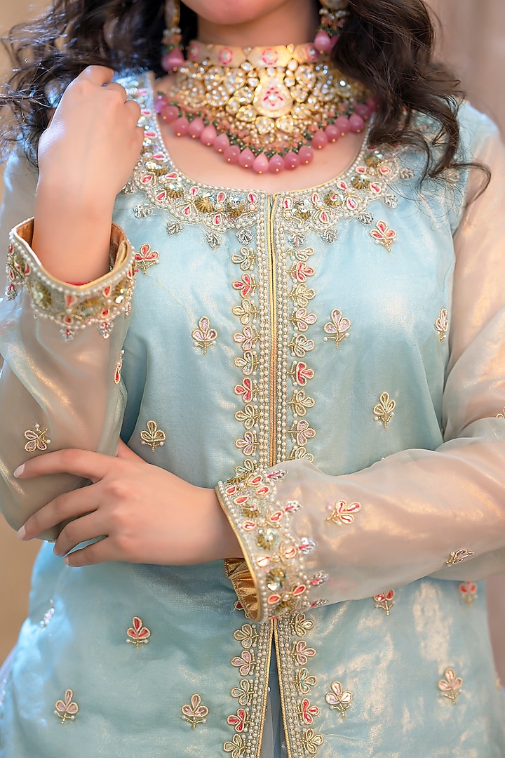 Sky Blue Shimmer Organza & Crepe Wedding Lehenga Set by Scarlet by shruti Jamaal at Pernia's Pop Up Shop