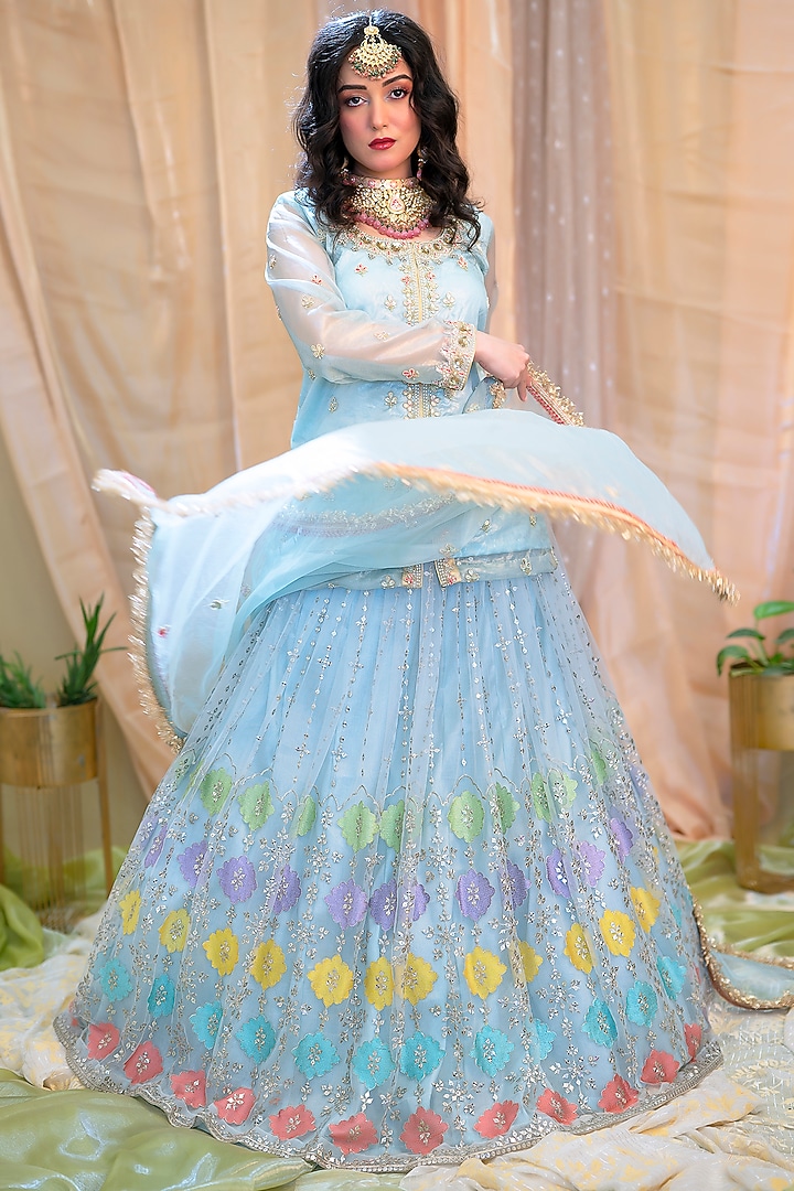 Sky Blue Shimmer Organza & Crepe Wedding Lehenga Set by Scarlet by shruti Jamaal at Pernia's Pop Up Shop