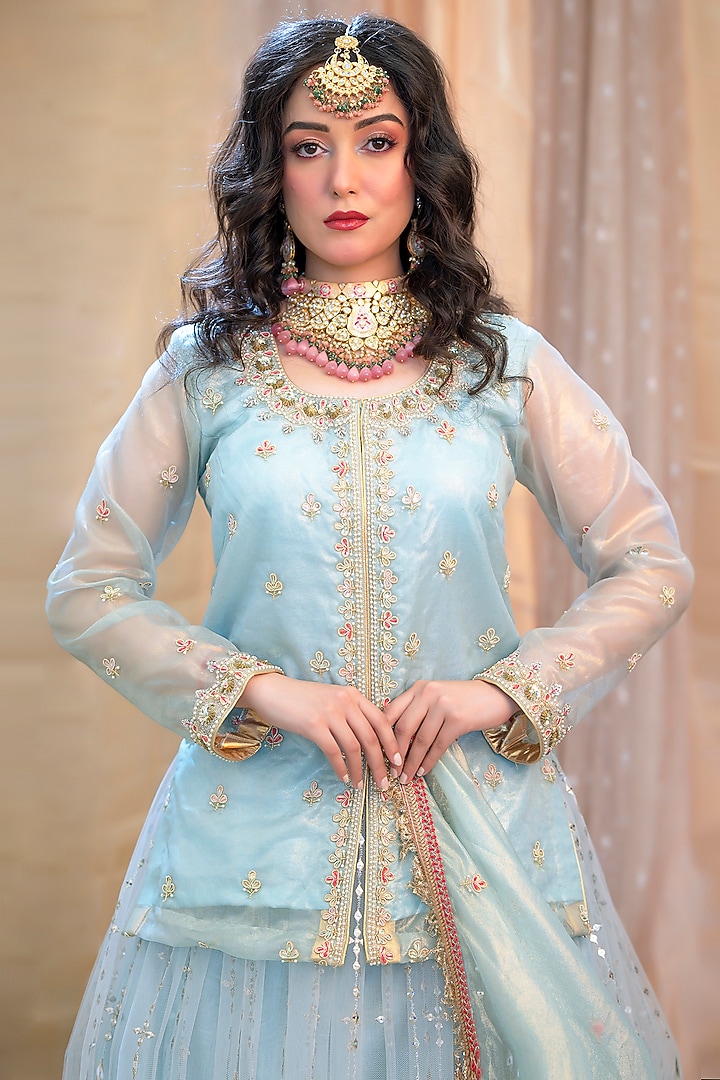 Sky Blue Shimmer Organza & Crepe Wedding Lehenga Set by Scarlet by shruti Jamaal at Pernia's Pop Up Shop