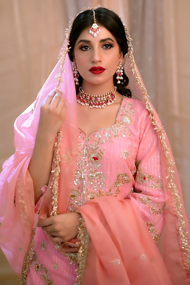 Pink Crepe Wedding Lehenga Set by Scarlet by shruti Jamaal at Pernia's Pop Up Shop