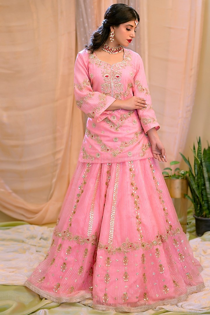 Pink Crepe Wedding Lehenga Set by Scarlet by shruti Jamaal at Pernia's Pop Up Shop