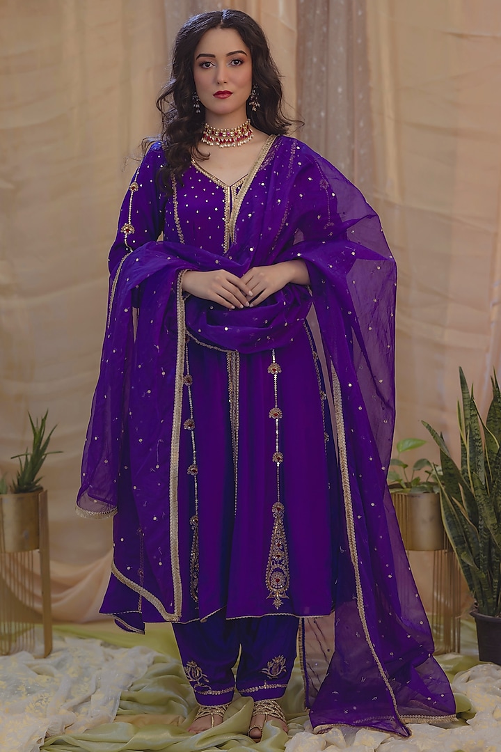 Purple Tulle Net Embroidered Anarkali Set by Scarlet by shruti Jamaal