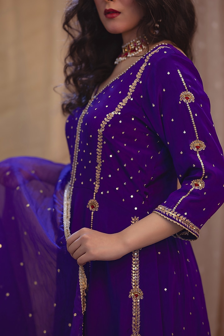 Purple Tulle Net Embroidered Party Wear Anarkali Set by Scarlet by shruti Jamaal at Pernia's Pop Up Shop