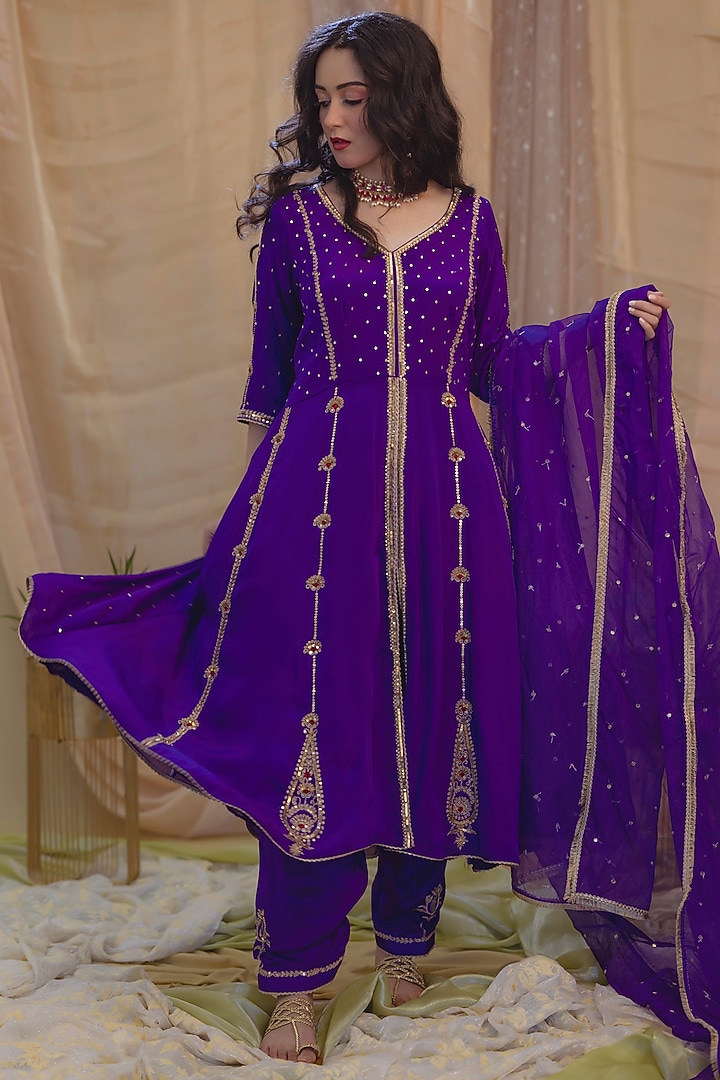 Purple Tulle Net Embroidered Party Wear Anarkali Set by Scarlet by shruti Jamaal at Pernia's Pop Up Shop