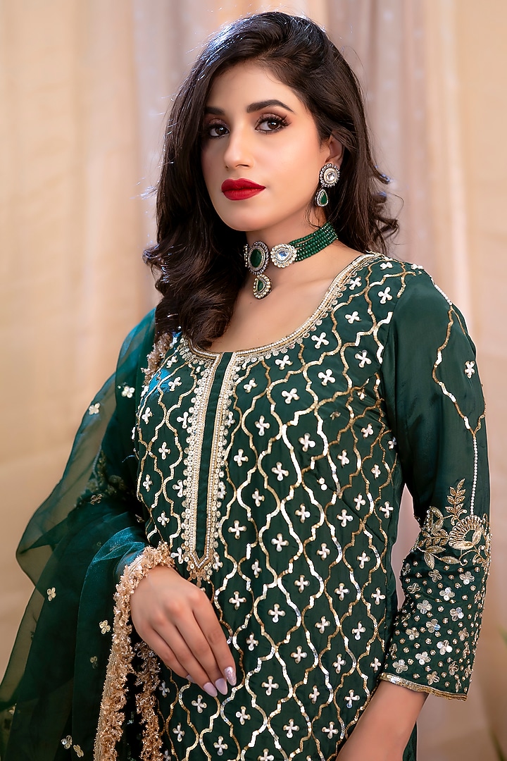 Dark Green Hand Embroidered Wedding Sharara Set by Scarlet by shruti Jamaal at Pernia's Pop Up Shop