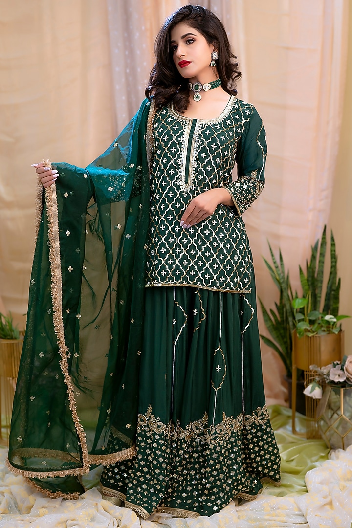 Dark Green Hand Embroidered Wedding Sharara Set by Scarlet by shruti Jamaal at Pernia's Pop Up Shop