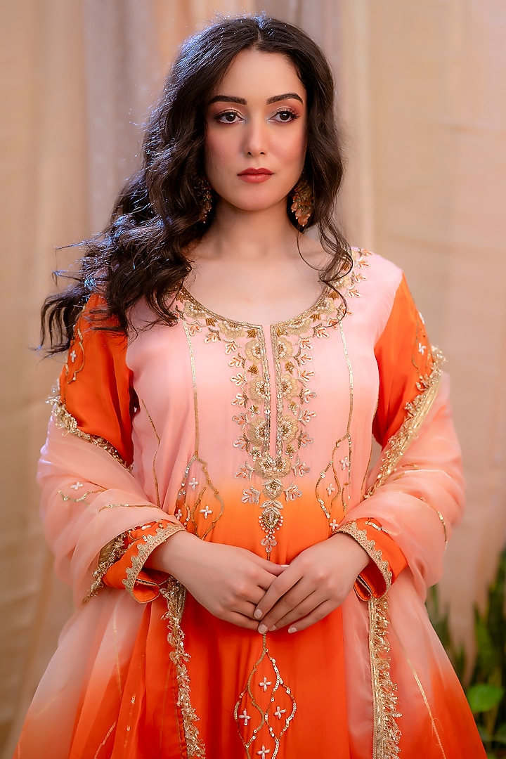 Peach & Orange Crepe Embroidered Party Wear Anarkali Set by Scarlet by shruti Jamaal at Pernia's Pop Up Shop