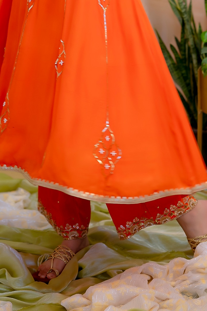 Peach & Orange Crepe Embroidered Party Wear Anarkali Set by Scarlet by shruti Jamaal at Pernia's Pop Up Shop