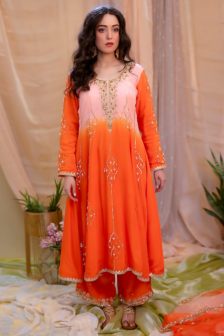 Peach & Orange Crepe Embroidered Party Wear Anarkali Set by Scarlet by shruti Jamaal at Pernia's Pop Up Shop