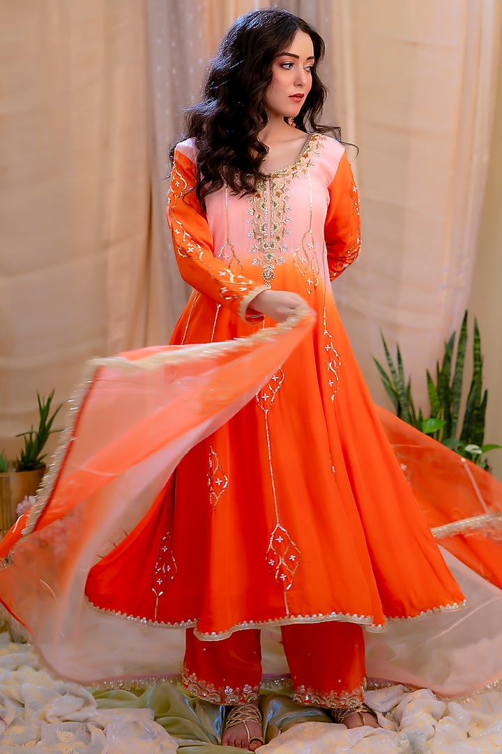 Peach & Orange Crepe Embroidered Party Wear Anarkali Set by Scarlet by shruti Jamaal at Pernia's Pop Up Shop