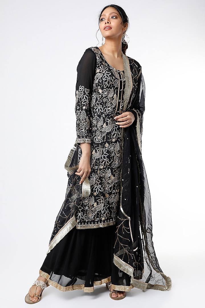 Black & Golden Georgette Sharara Set by Scarlet by Shruti Jamaal