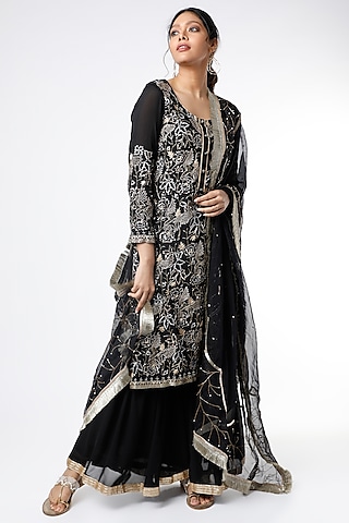 Black & Golden Georgette Sharara Set by Scarlet by Shruti Jamaal